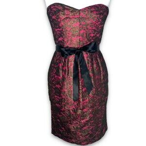 Adrianna Papell Dress Midi Strapless Metallic Lace Retro Black Pink Bronze 8